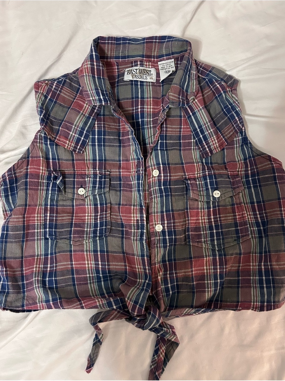 Vintage Plaid Tie-Front Sleeveless Button-Up in Red, Blue & Tan